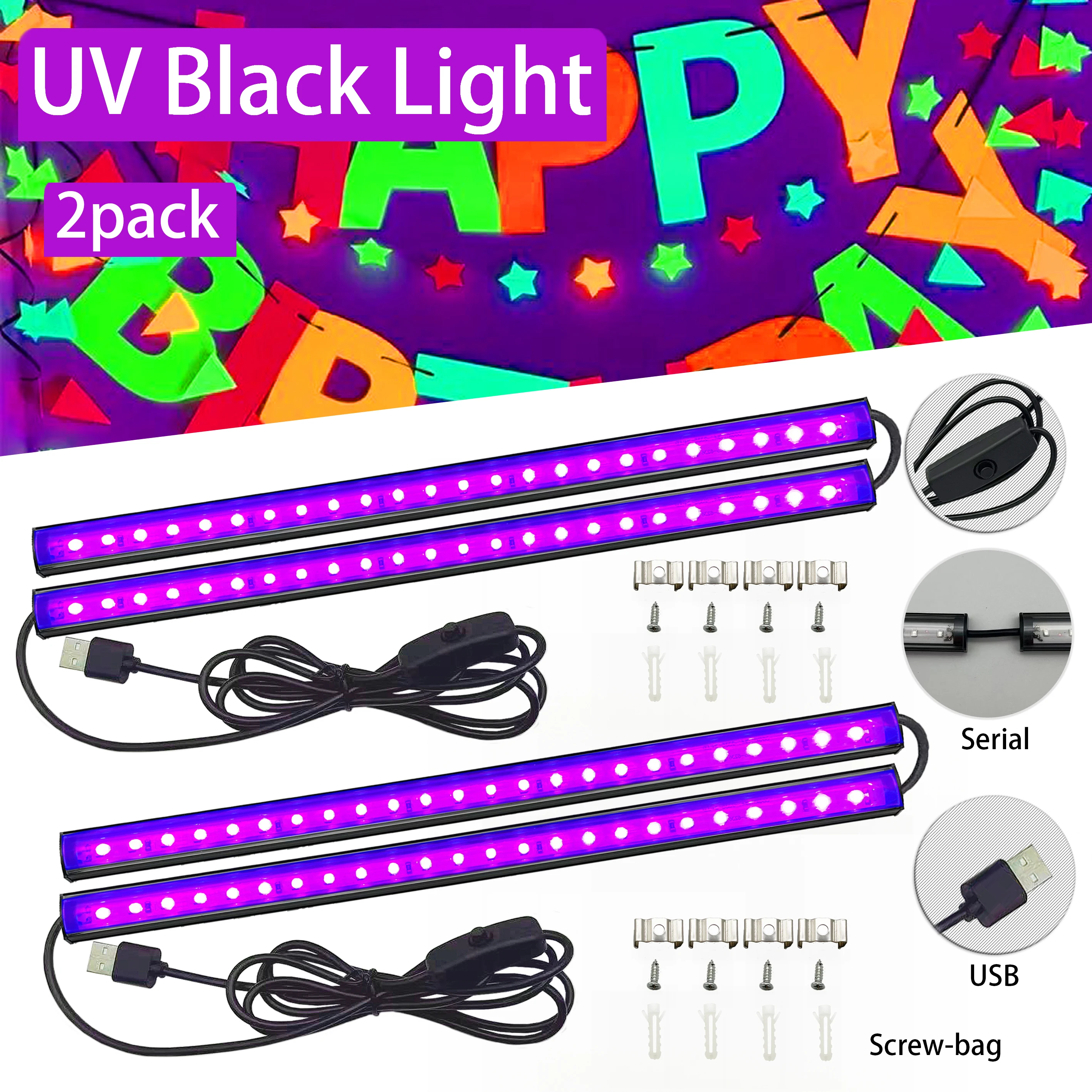 UV Black Light Bulbs 2/4pcs 5V USB Portable Switch