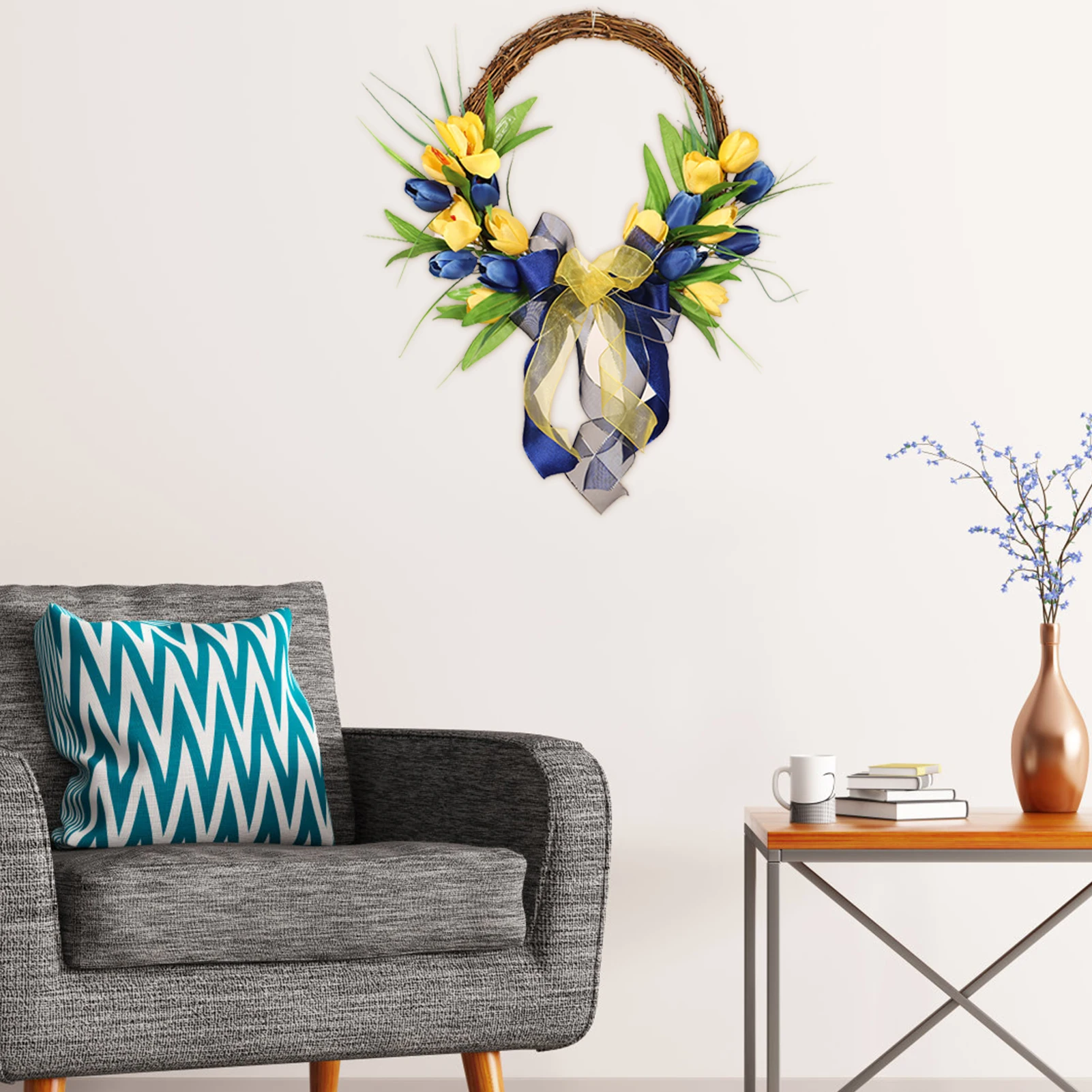 Tulip Spring Wreath For Front Door Summer Wreath For Front Door Yellow & Blue Artificial Flowers Summer Wreath Farmhouse Decor