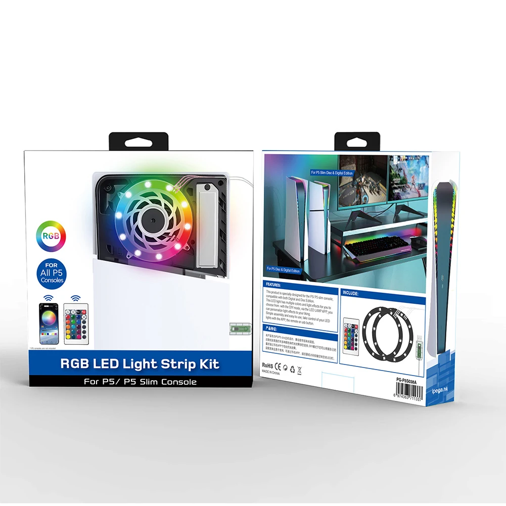 PS5 슬림 RGB LED 스트립 라이트 링 키트, PS5 슬림 게임 콘솔용 리모컨 포함