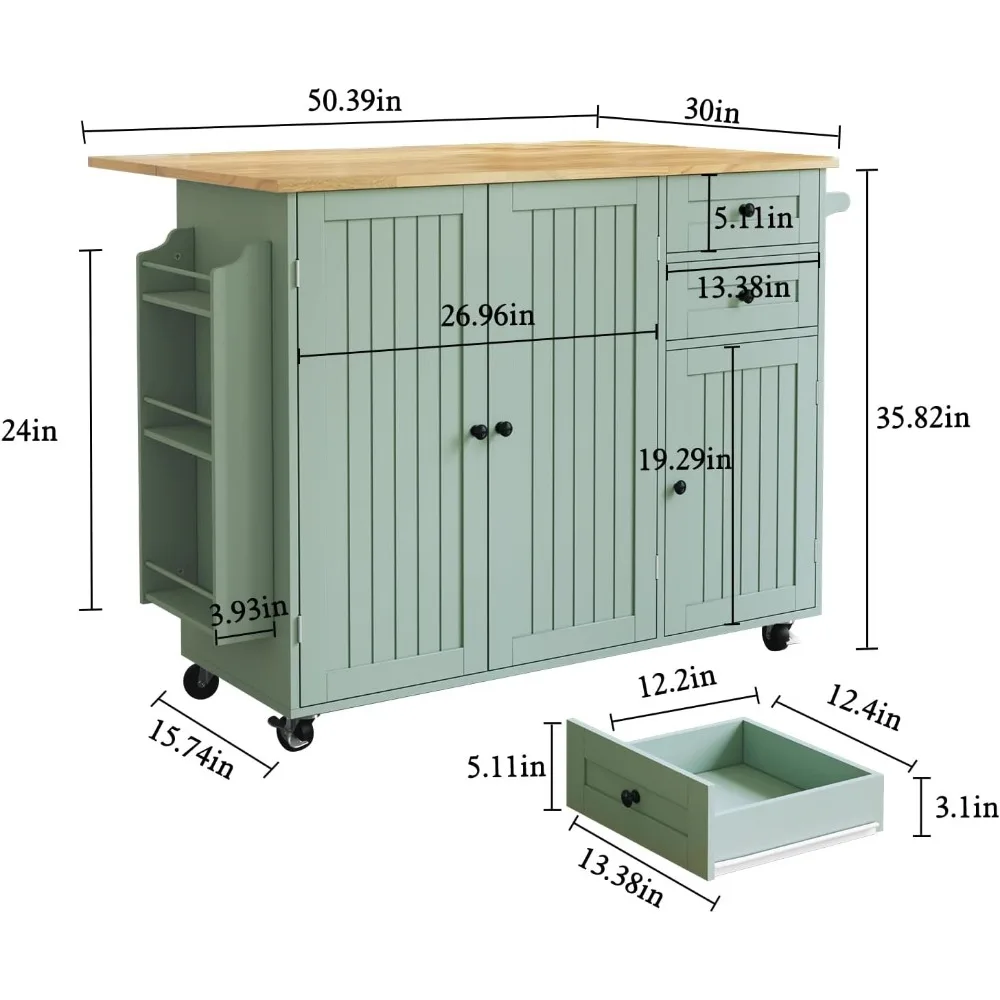 Rolling Kitchen Island with Storage, Drop-Leaf Bar Countertop, Spacious Solid Rubberwood Top, Modern Style 6