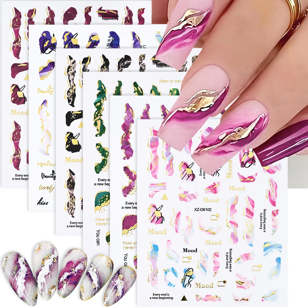 Elegant Marble & Floral Nail Art Stickers - Abstract Patterns Self-Adhesive DIY Decoration