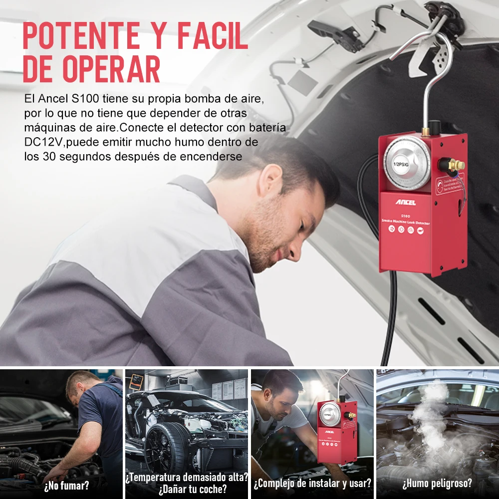 Ancel S100 Detector de Fugas de Humo para Coche Herramienta de Diagnóstico de Fugas de Vacío EVAP DC12V Localizador de Fugas en Tuberías de Combustible Detector de Humo de Fugas Automático