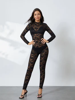 Women's Sexy Sheer Lace Long Sleeve Mock Neck Bodycon Jumpsuit Unitard Bodysuit Mesh See Through Jacquard Playsuit