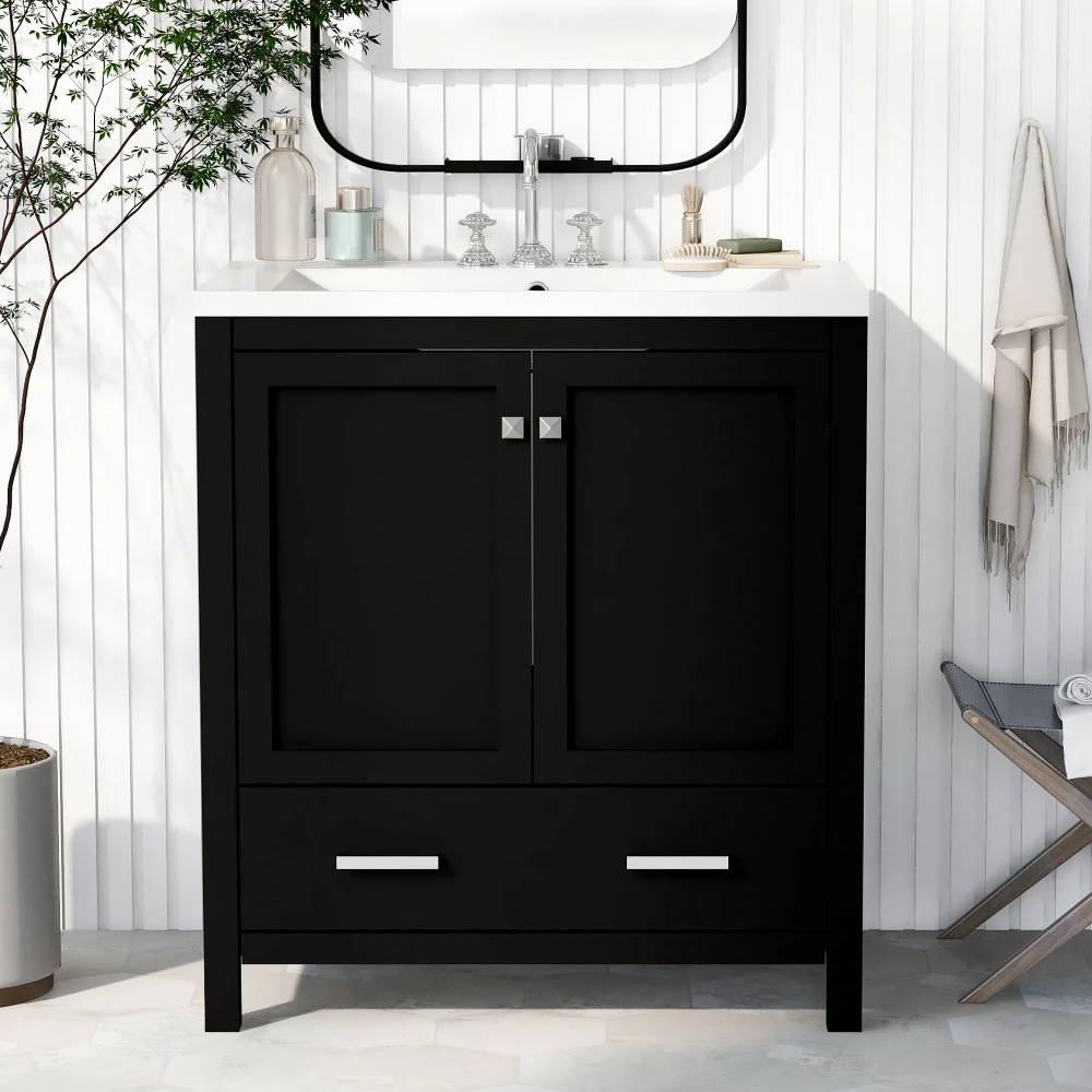 30" Black Bathroom Vanity with Single Sink, Combo Cabinet Undermount Sink, Bathroom Storage Cabinet with 2 Doors and a Drawer 2