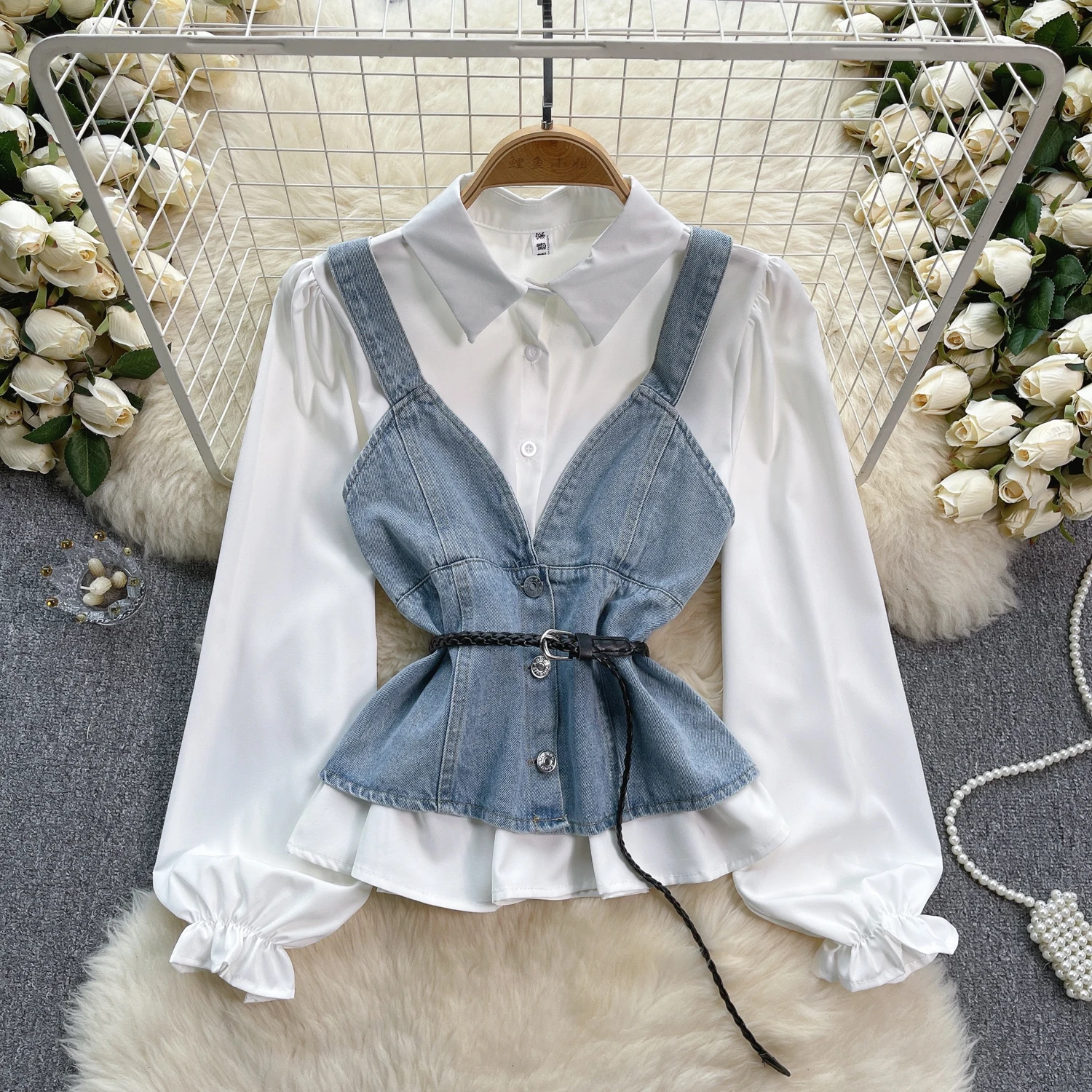 

VANOVICH Korean Style Vintage Women's Long Sleeve Single-breasted Loose Casual White Shirts Waist Slim Denim Camisole Top Sets