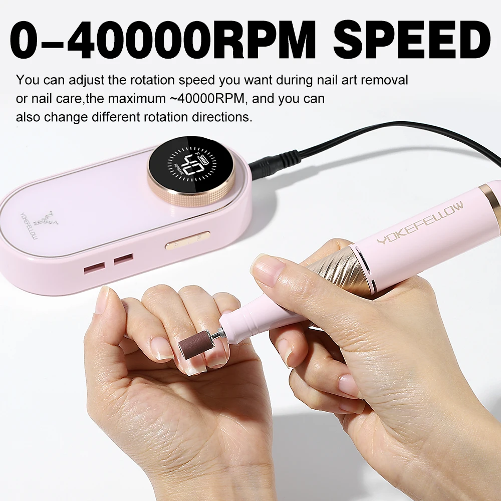 YOKEFELLOW Professional Nail Drill 40000RPM Rechargeable Electric Nail Drill Machine Cordless Nail E File for Acrylic Gel Nails 6