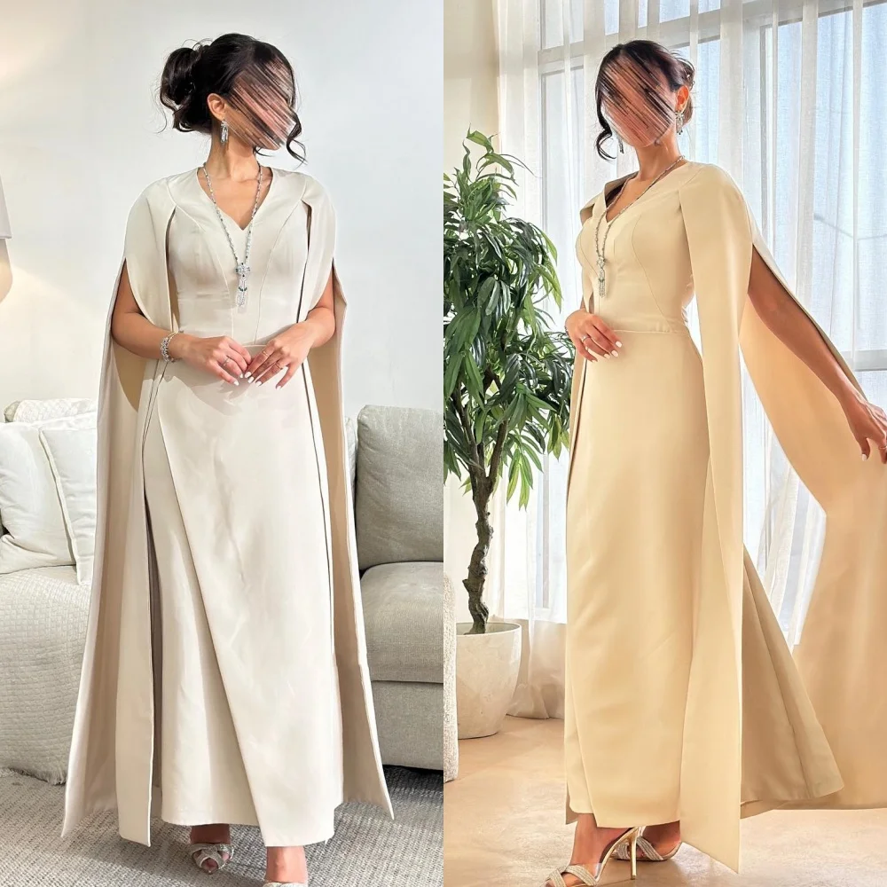 

Prom Dress Saudi Arabia Jersey Draped Pleat Celebrity A-line V-Neck Bespoke Occasion Gown Long Sleeve Dresses