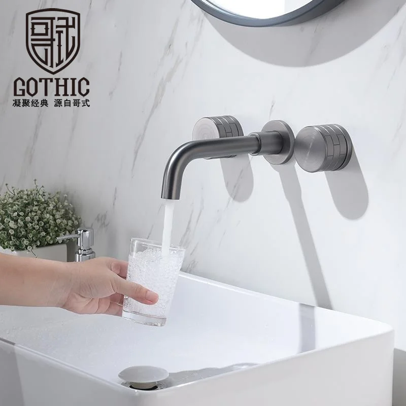 

Bathroom Gun Grey Basin Faucet Black Double Handle Concealed Installation Brushed Gold Tap Wall Mount Washbasin Sink Crane Mixer