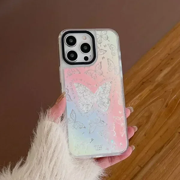 Transparent Border Quicksand Butterfly Purple Cloud iPhone 12 13 14 15 Pro Max Case - Protective iPhone Case