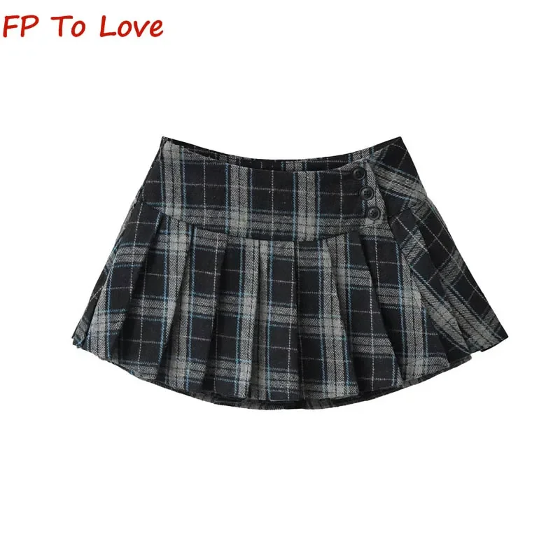 

Женская плиссированная юбка-трапеция Y2K, короткая клетчатая юбка с заниженной талией и тремя пуговицами, в стиле ретро