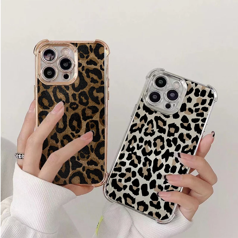 Leopard Print Transparent Shockproof Fashion Case with Plating Design