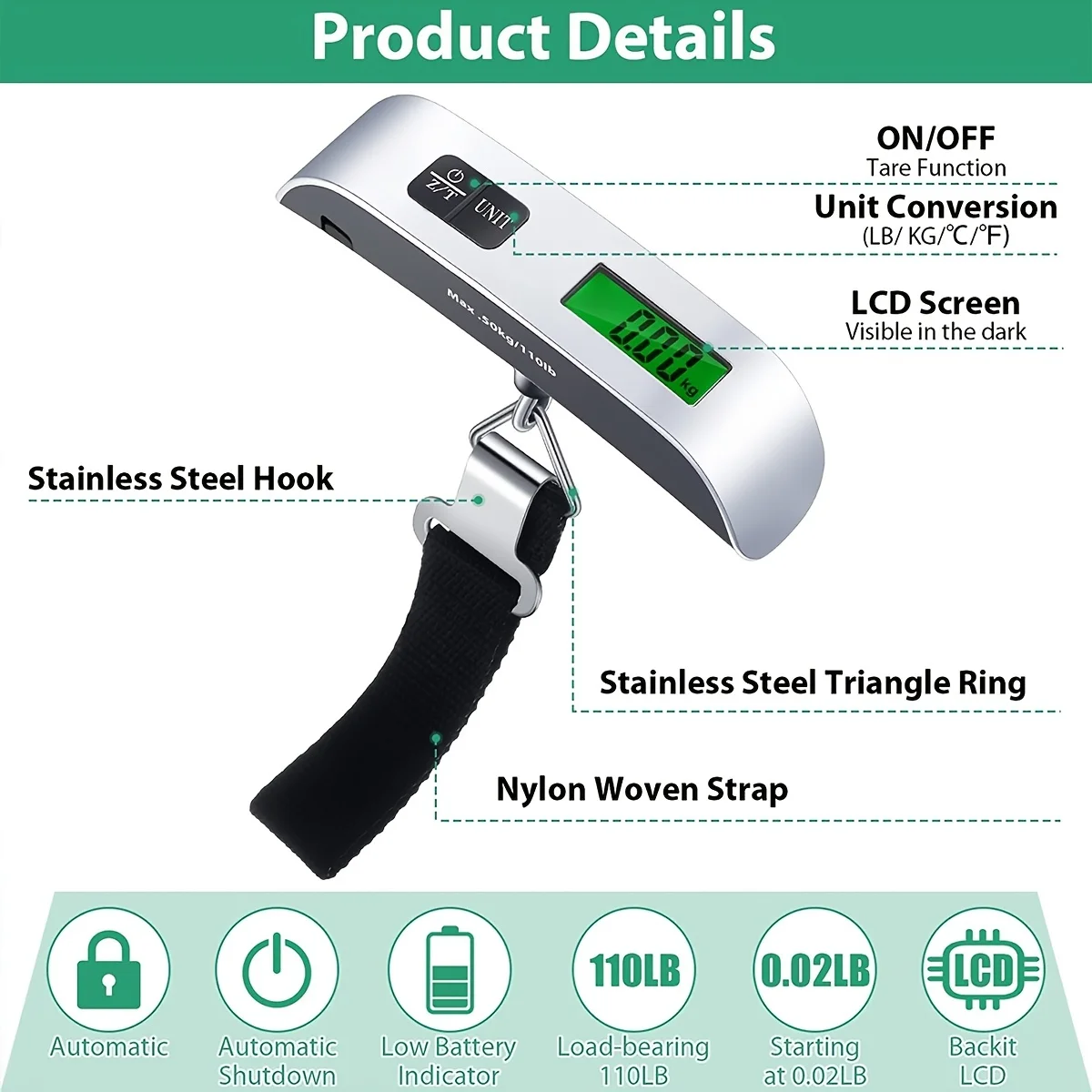 Portable Scale Digital Scale Luggage Scale Luggage Weight Scale Weighing Tools Digital Portable Handheld Suitcase Weight Travel Rubber Paint Sensor 110 Pounds Battery Included
