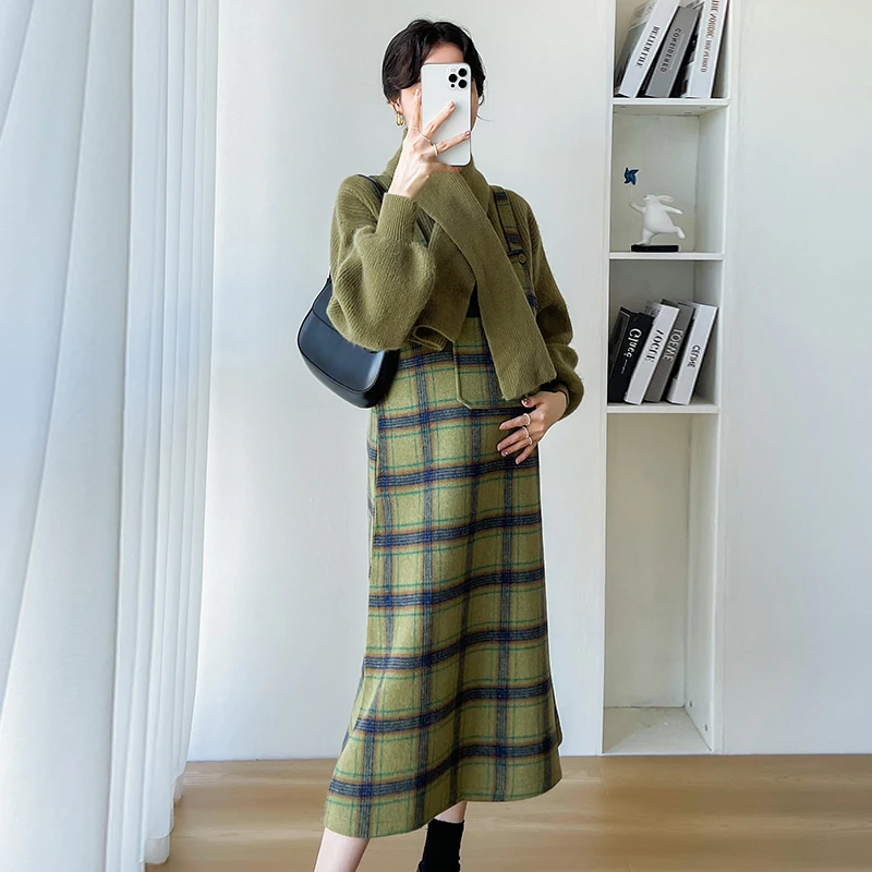 Nursing Sweater School Sweater Women Jumper Shirt Green Sweater for Maternity Long Sleeve Turtleneck Fashion Pregnant Woman Knitwear Solid Color Knitting Pullovers with Scarf