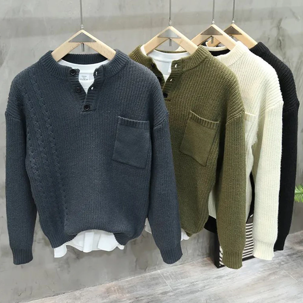 

Men's Casual Sweater Fashionable Retro American Style High Street Solid Color Henry Collar Pullover 2024 Spring And Autumn