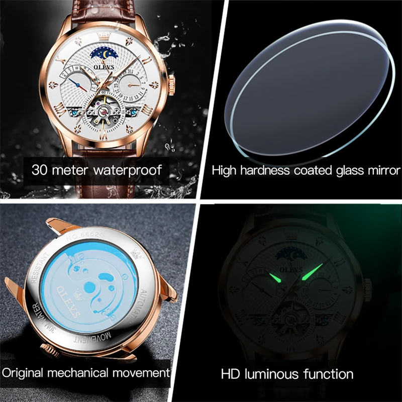 OLEVS New Luxury Tourbillon Mechanical Watch for Men Leather Strap Waterproof Luminous Classic Moon Phase Automatic Watches Mens