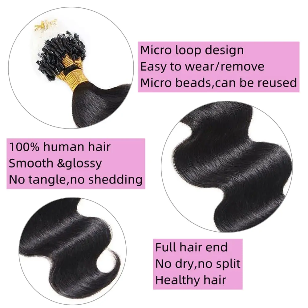 Body Wave Micro Loop Hair Extensions Stick Tipped Hair Fish Line Link Hairpiece Highlight Straight 50 Strands 50g Women #1B