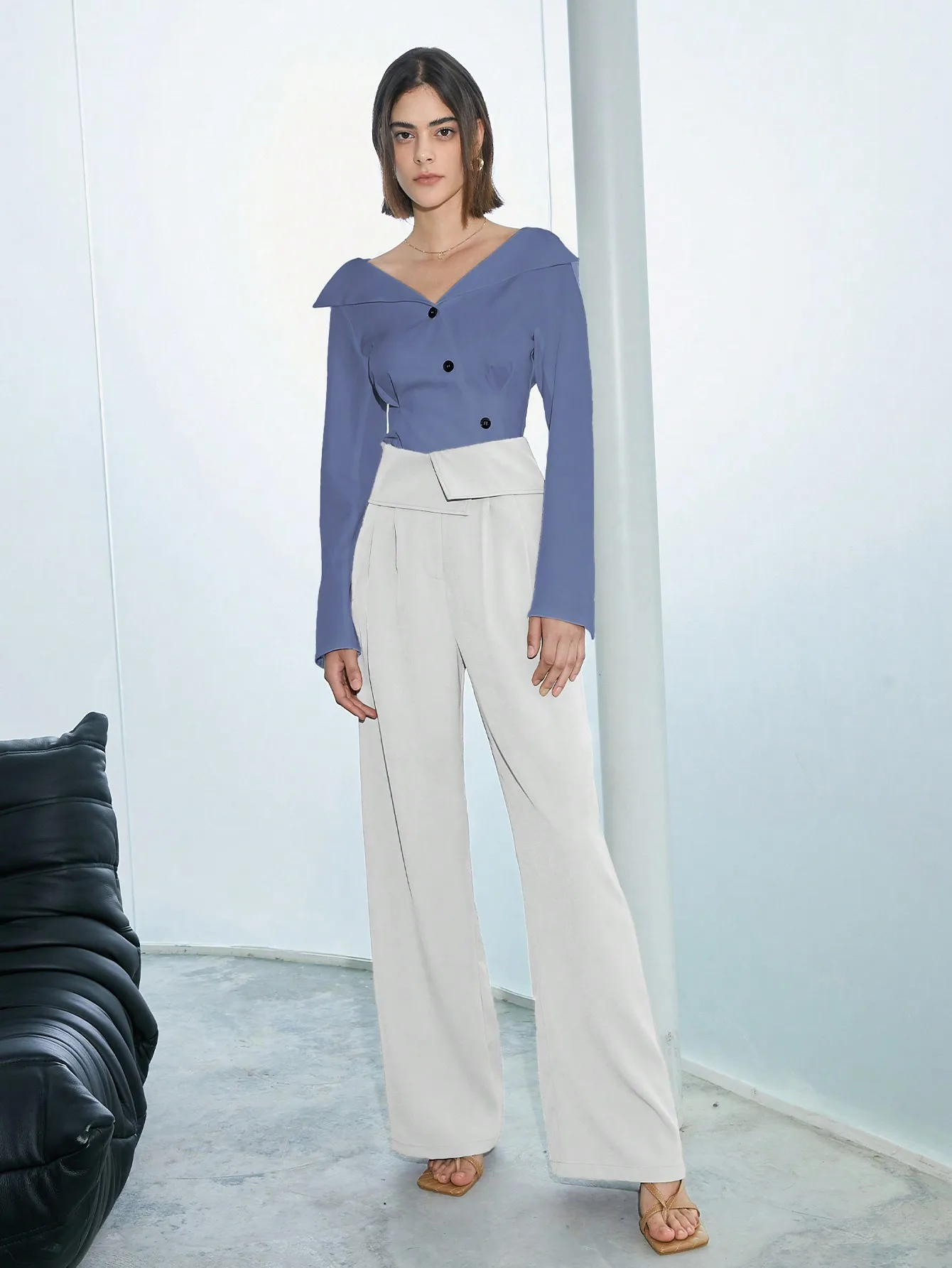 Herbst hemd Damen Design Revers Taille V-Ausschnitt Langarmhemd Pendler Französisch Top – Detail 4