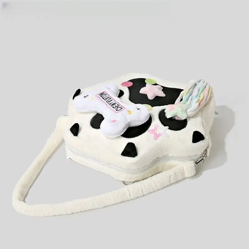 Kawaii Plush Backpack for Women Y2K Hexagon Shape Cow Print Soft Material Casual Outing Travel Rucksack