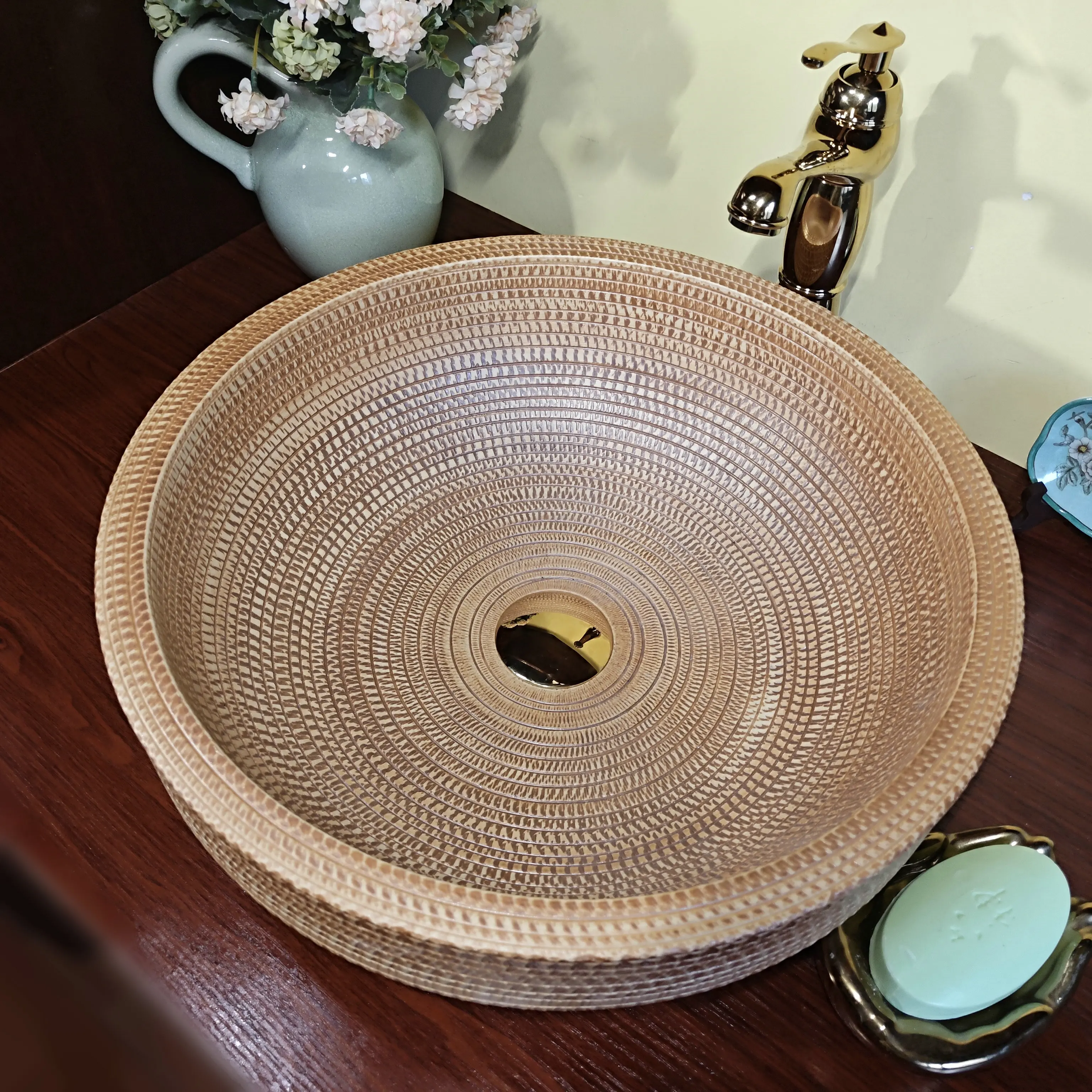 MAEBOW Popular Log Color Engraved Ceramic Semi-Counter Wash Basin Home Decor Renovation Round Restroom Countertop Bathroom Sink 3