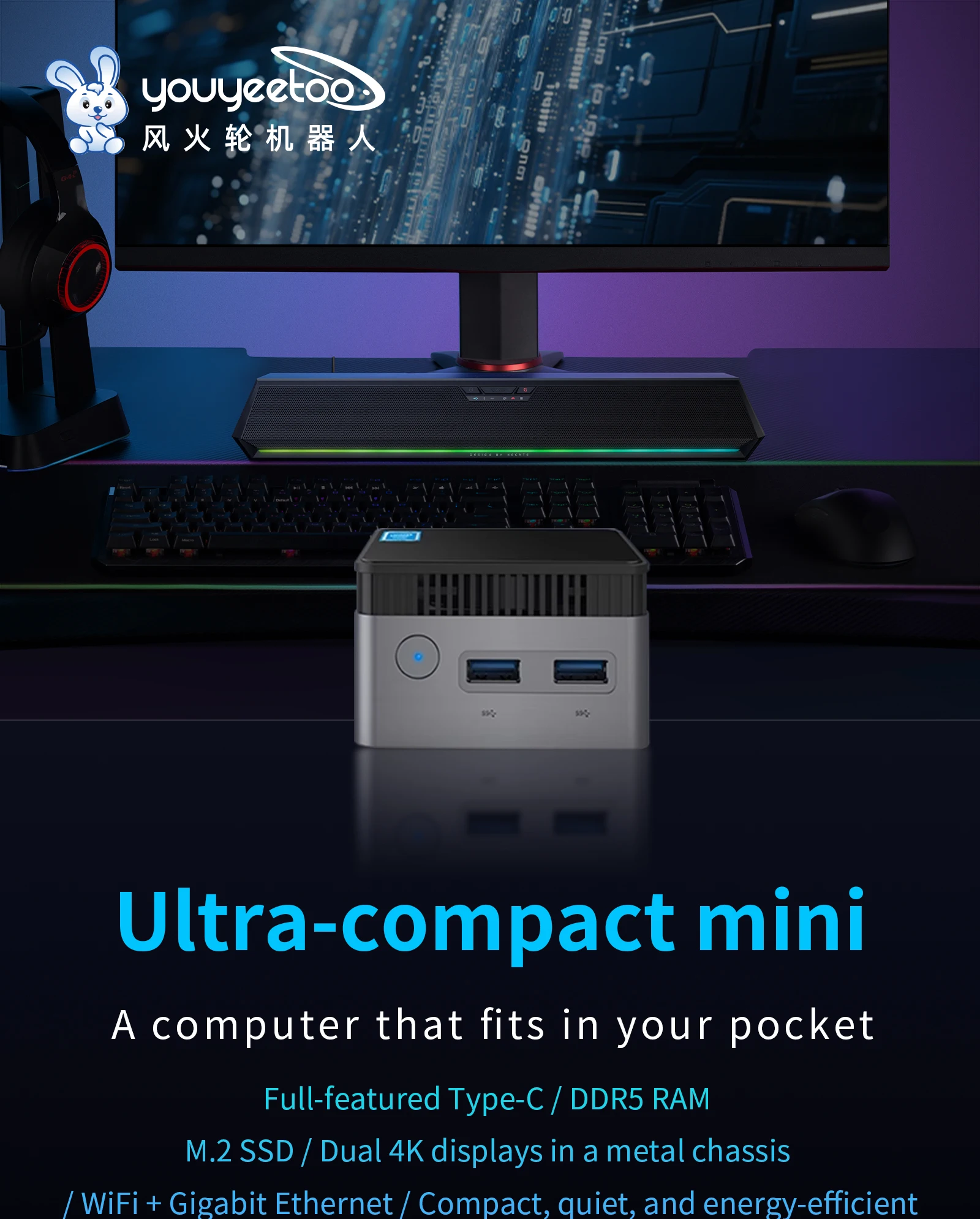 BY53 Windows 11 Mini PC Intel N150 12GB LPDDR5 M.2 2242 SSD With HDMI 2.0 4K Out