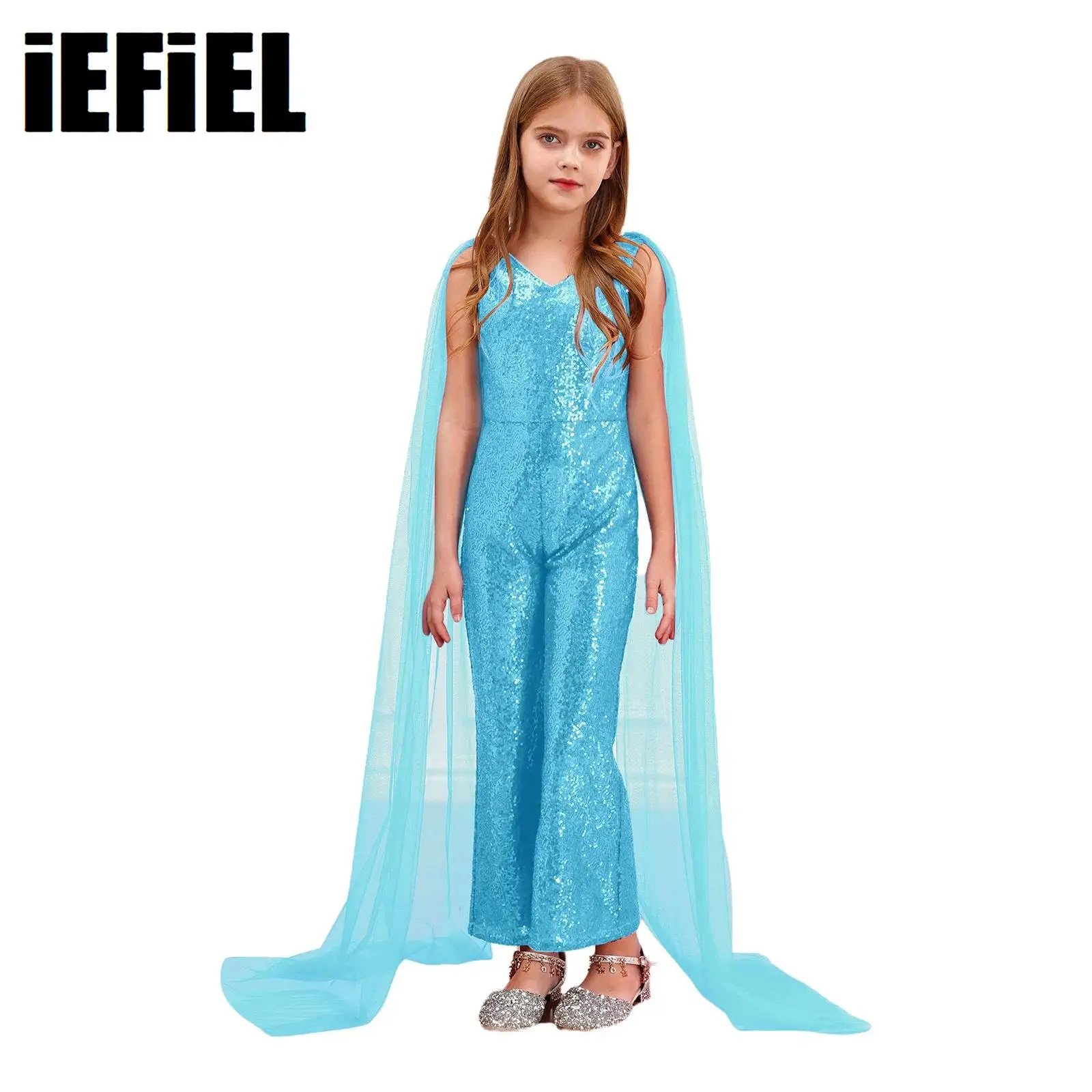 Flower Girl Party Gown for Kids Girls Sparkly Sequined Party Romper V Neck Cape Sleeve High Waist Wide Leg Pants Jumpsuit