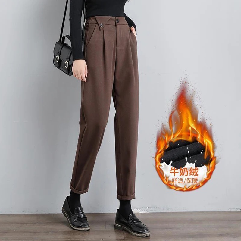 Women Fleece Lined Woolen Blend Suit Trousers Vintage Plus Velvet Stretch Harem Pant Ladies Office High Waist Ankle-Length Pants winter thicken plush velvet lined jeans women new warm slim pencil denim pants skinny pantalones ankle length leggings vaqueros