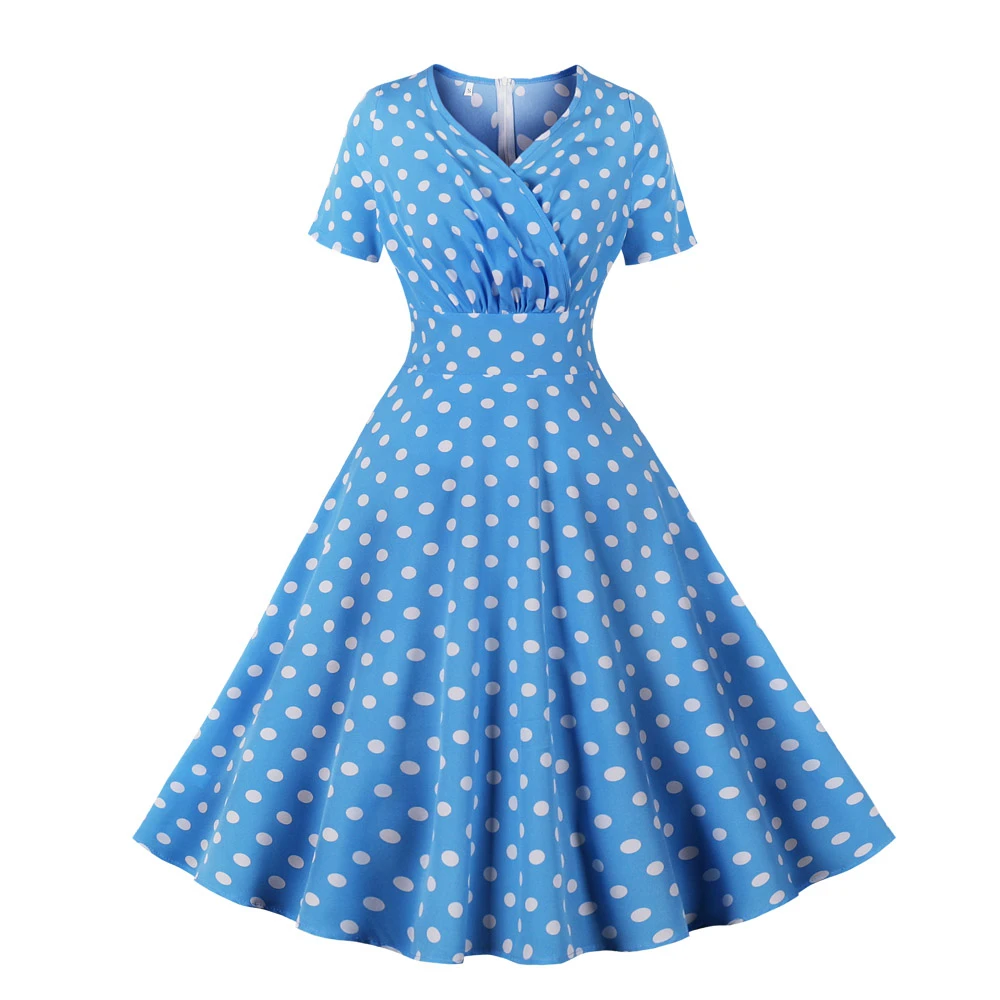 

2023 Vintage Polka Dot dress Summer Sexy V-neck Short Sleeve Knee-length Casual Party Dresses