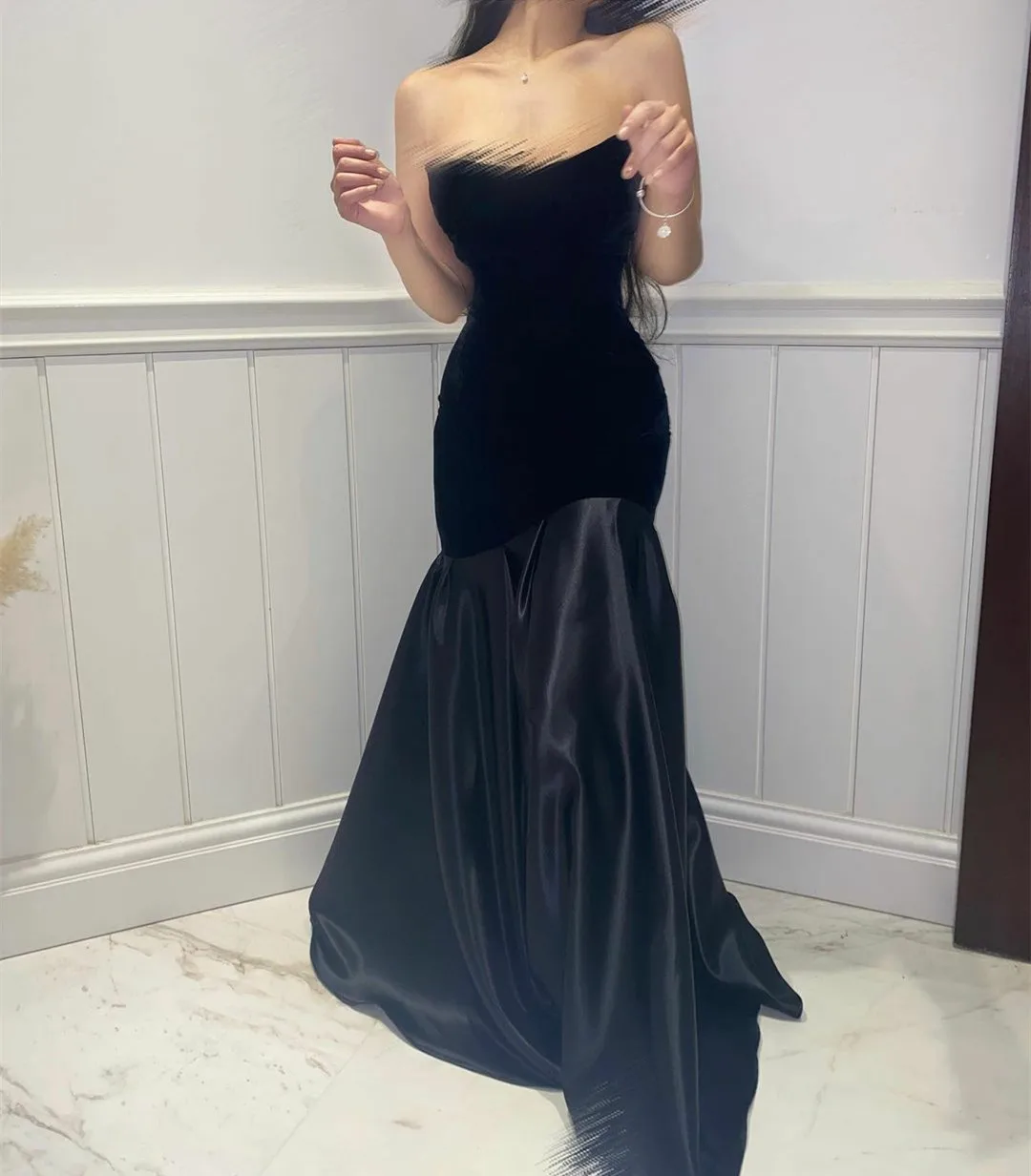 

Vintage Long Black Velvet Evening Dresses Mermaid Strapless Floor Length Prom Dress فساتين السهرة for Women