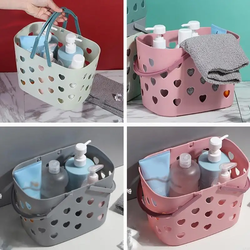 G5AB Portable Shower Tote Heart Shaped Hollow Plastic Storage Basket with Handle Box Bin Shower Accessories