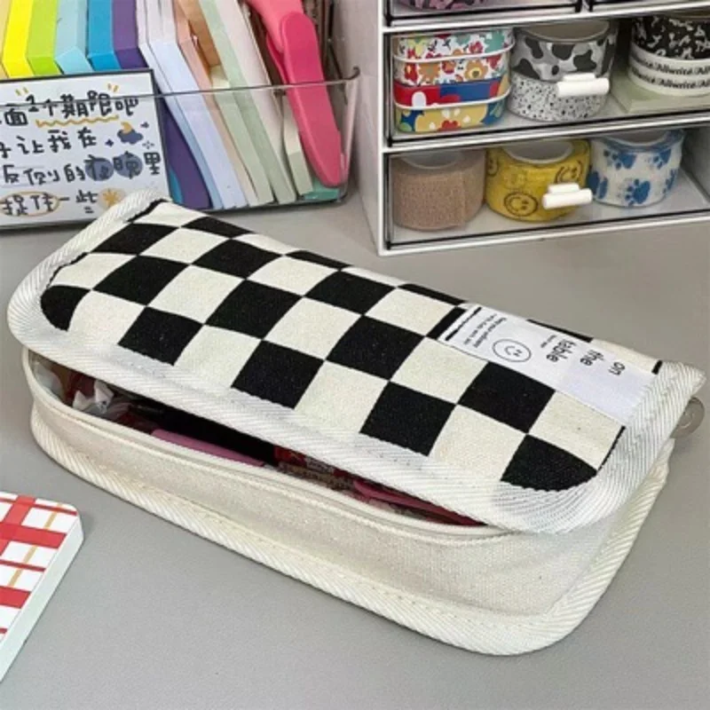 BlackWhiteGridPencilCaseKawaiiLargeCapacityCanvasPenBag