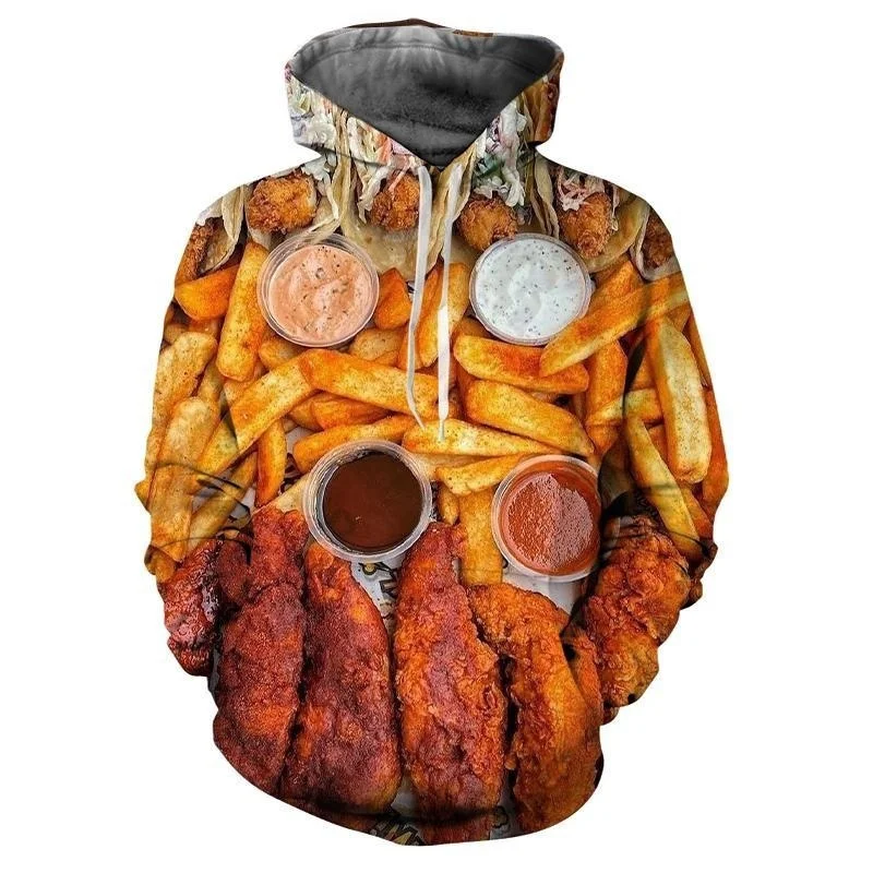 thumbnail image 1 of Sudadera con capucha para hombre con estampado 3D de hamburguesas y patatas fritas, divertida sudadera informal de manga larga con estampado de comida rápida, sudadera holgada, 1 of 4