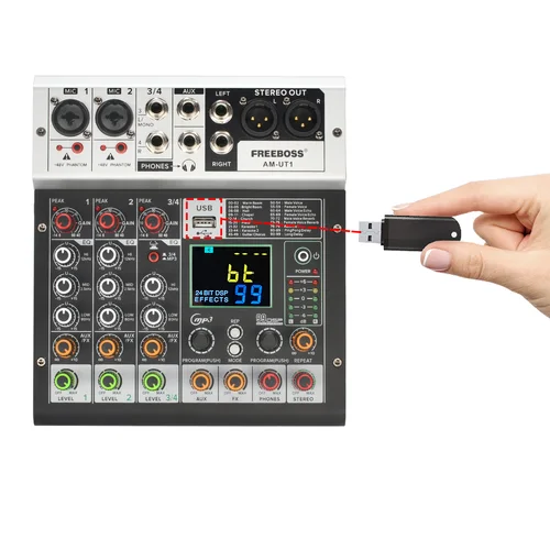 FREEBOSS 믹싱 콘솔, 블루투스 사운드 오디오, DJ 믹서, USB PC 레코드 재생, 가라오케 홈 파티 AM-UT1, 99 효과, 48V, 4 채널 3