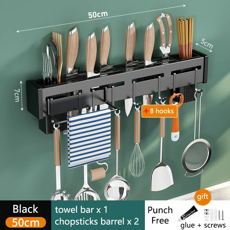 Stainless Steel Kitchen Storage Rack Wall-mounted Multifunctional Storage Knife Rack with Multiple Brackets and Hooks
