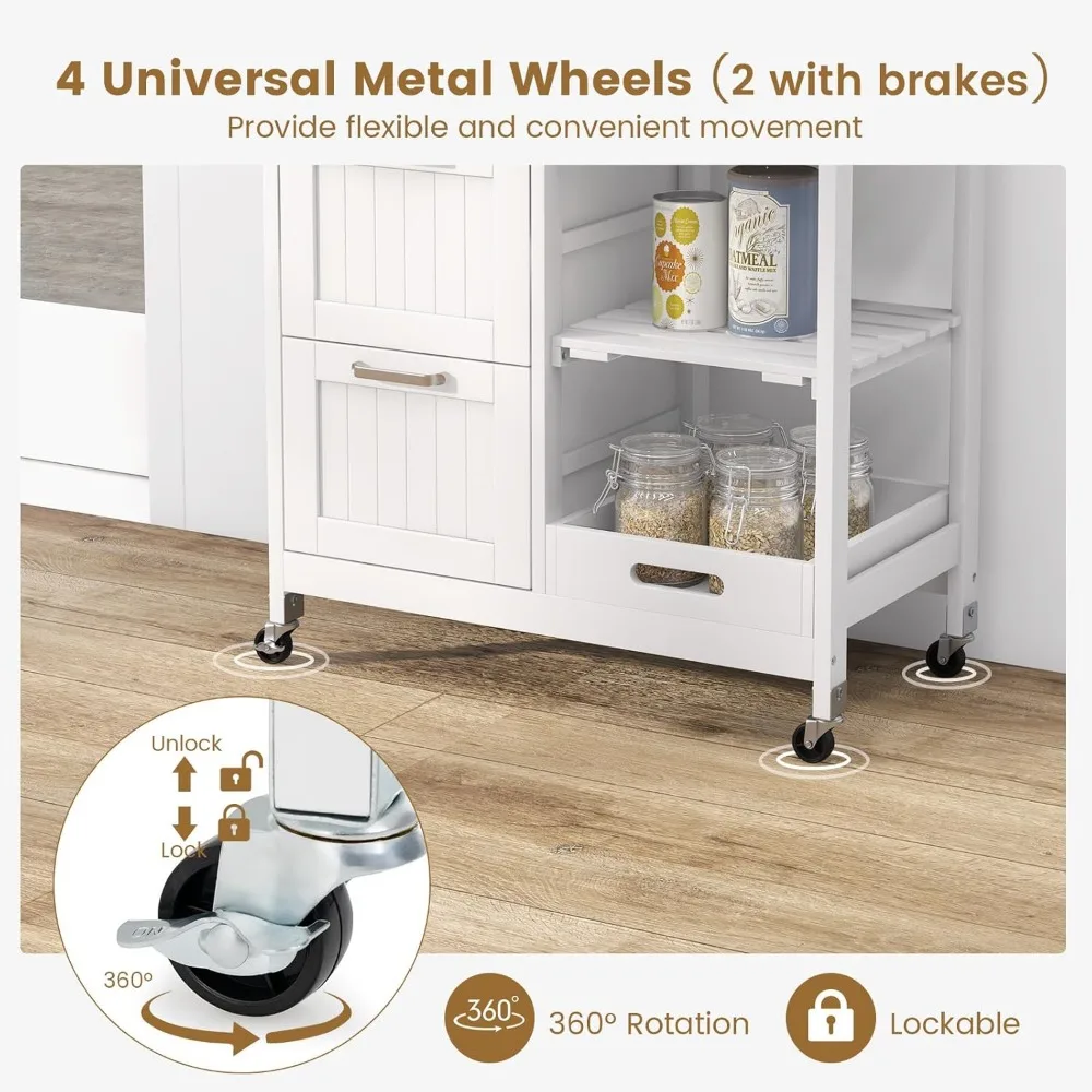Kitchen Storage Island Cart on Wheels, Kitchen Rolling Trolley Cart with 3 Drawers and Shelves, 360&deg; Wheels & Detachable