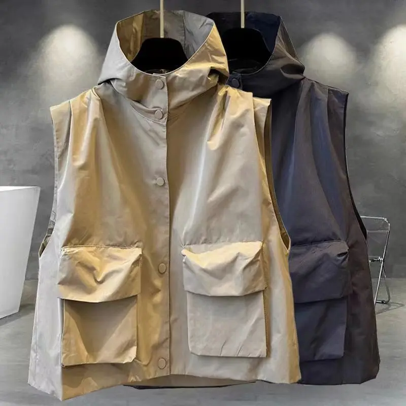 Couple style solid color hooded vest for men in autumn, Korean style trendy workwear pocket vest, trendy brand loose fit