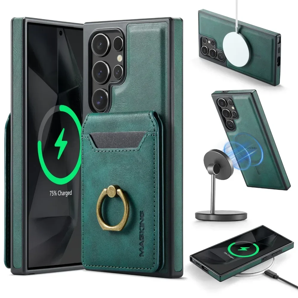 Detachable Magnetic Leather Wallet with Card Holder and Ring Cover