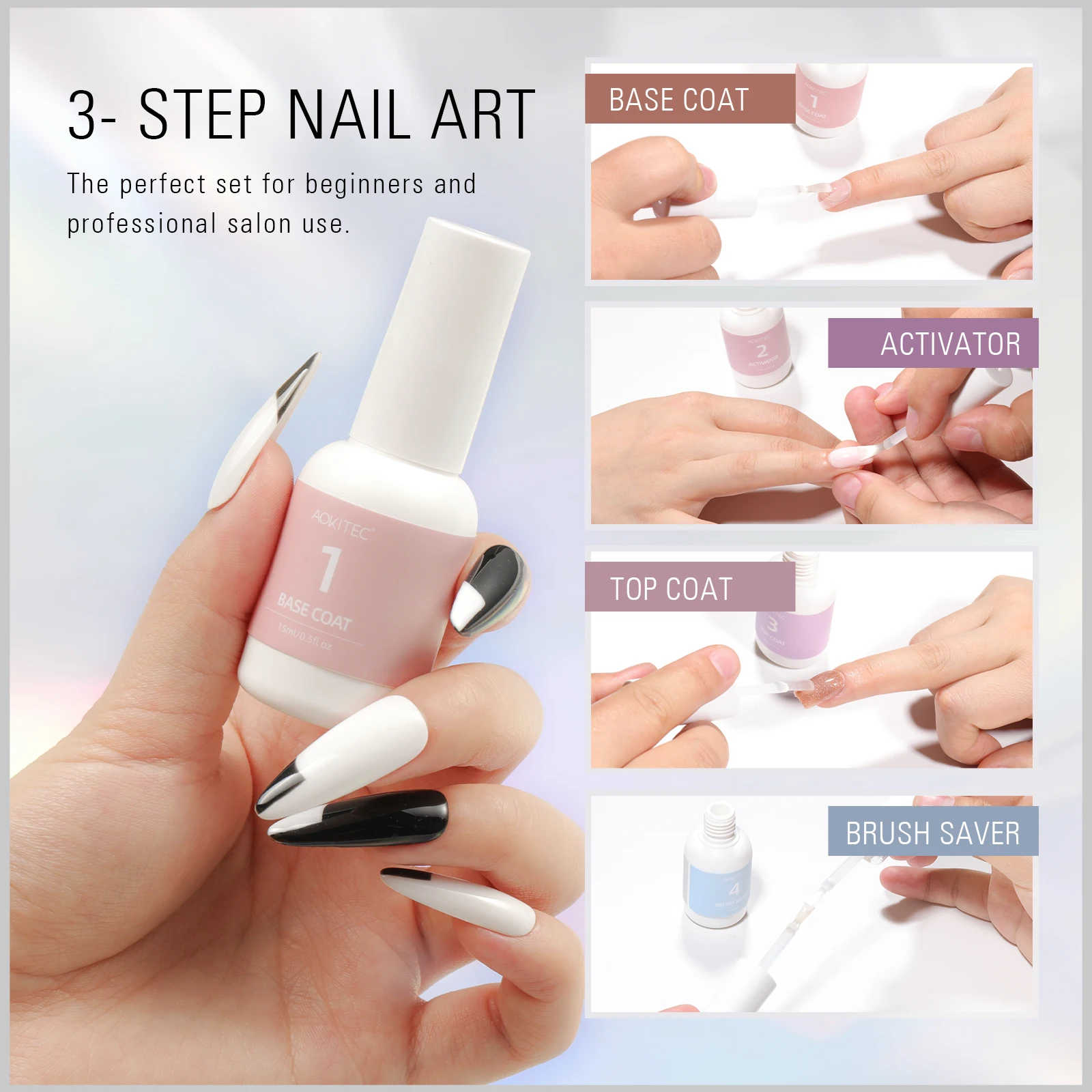 Aokitec 15ML Top Coat Nail Gel Glue 1PC Curing for Dipping Powder Function Gel Soak Off Varnish