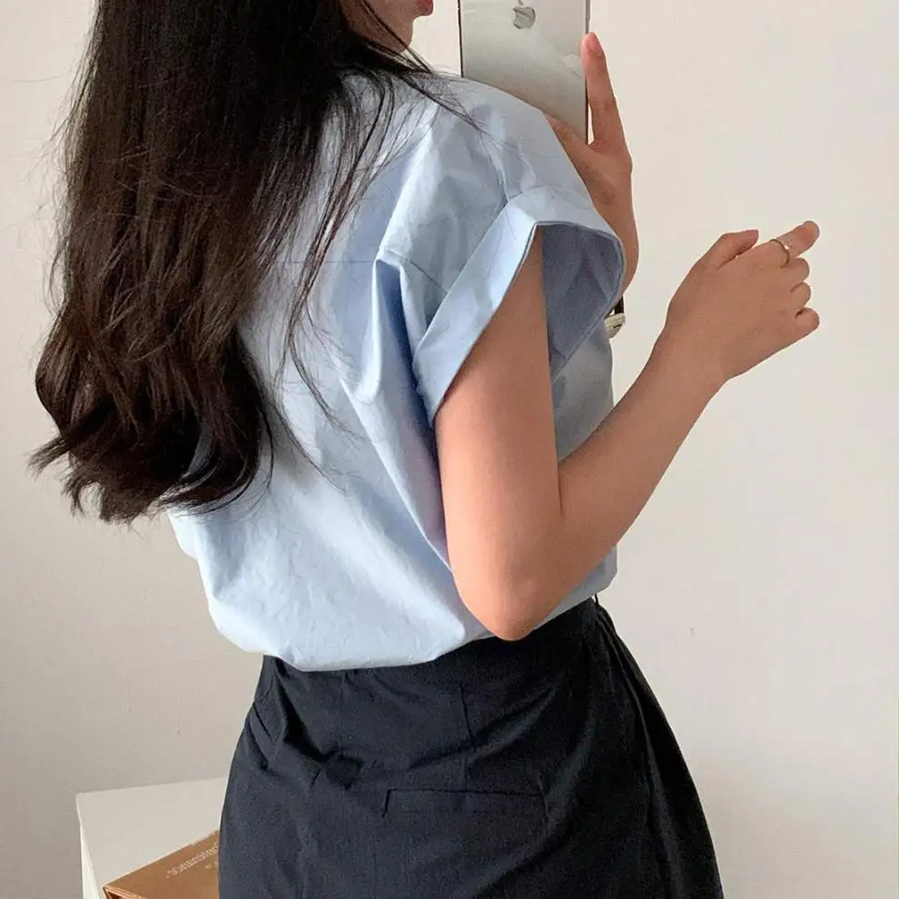 여성용 캐주얼 V넥 솔리드 셔츠 블라우스, 오피스 레이디 용수철, 우아한 반팔 슬림 셔츠, 화이트 탑, 여름 패션, 2024