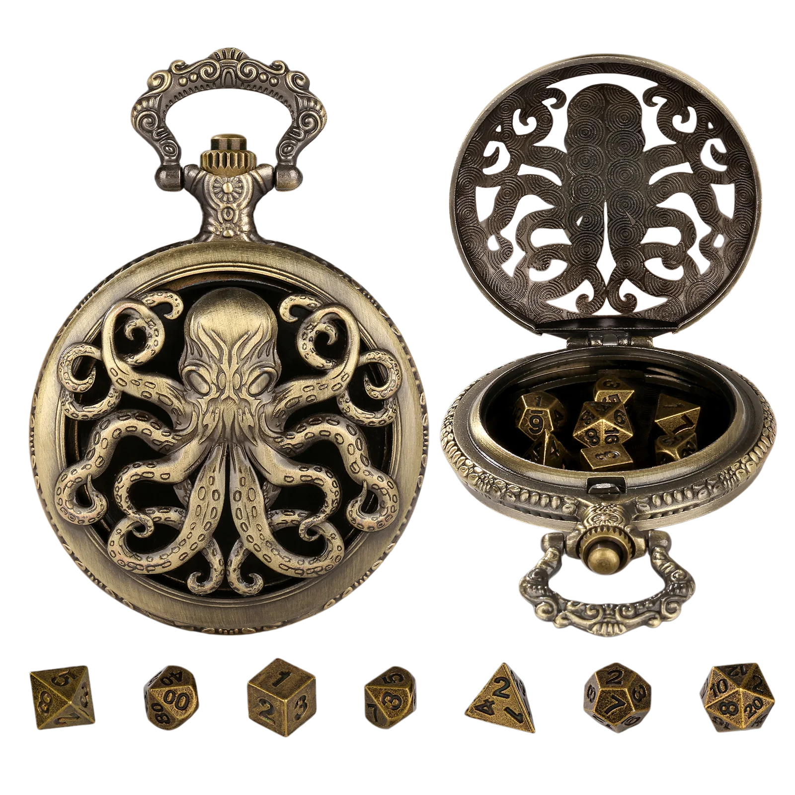 Vintage-Inspired Double Dragon DND Dice Jewelry Pocket Watch Case with 7 Metal Dice Set