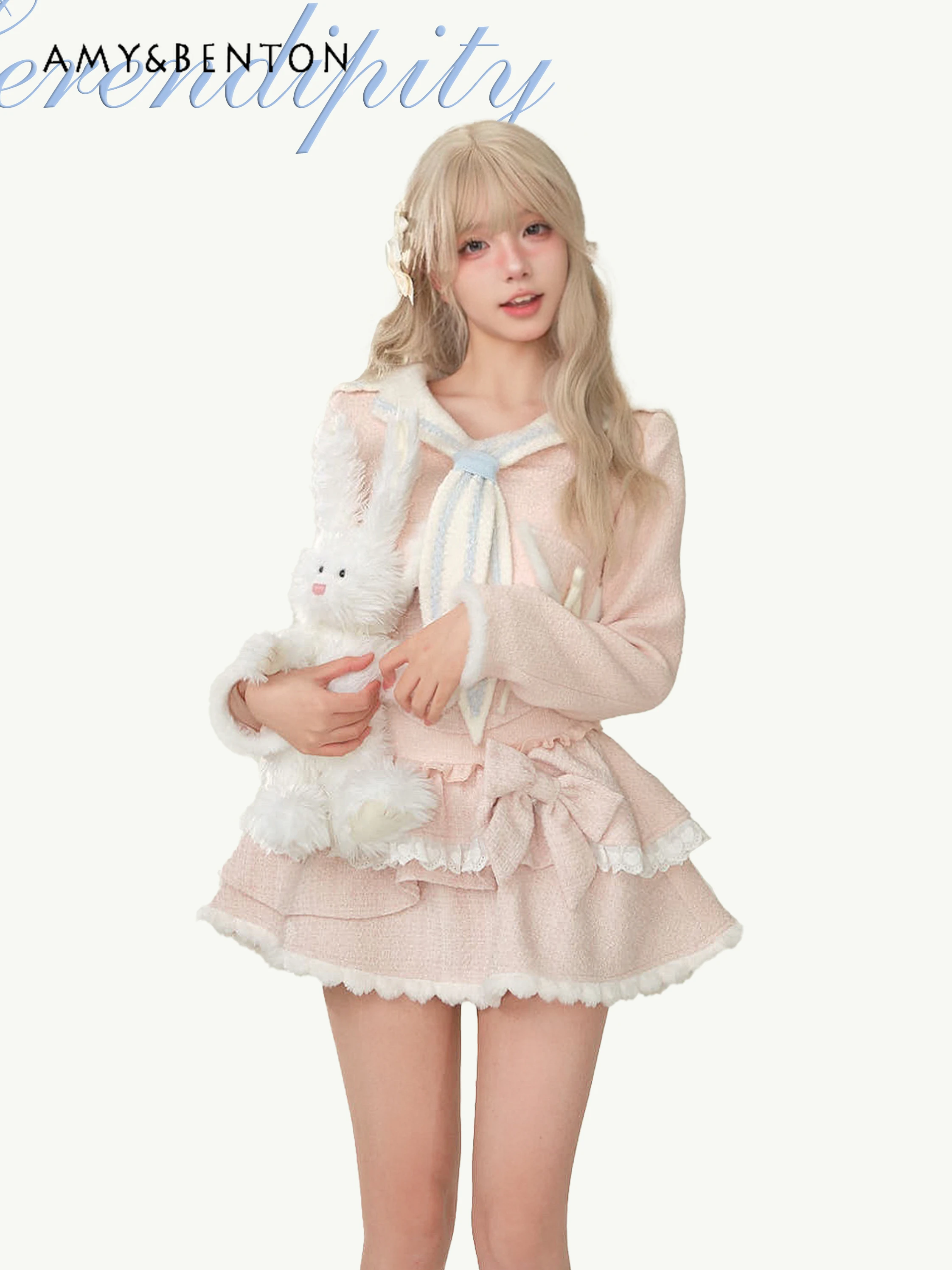 Sweet Girl Lolita Skirt Sets Elegant Graceful Pink Tweed Sailor Collar Coat Multi-Layer Mini Skirt Two-Piece Sets Womens Outfits