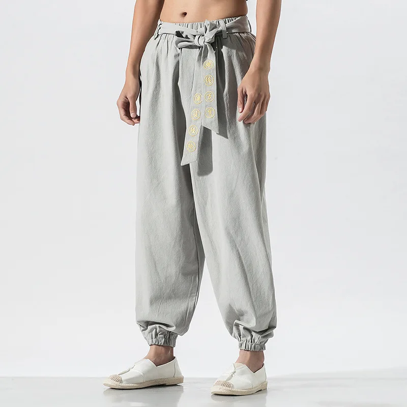 Linen Men Harem Pant Chinese Traditional Martial Arts Kungfu Tai Chi Pants Loose Long Wushu Jogger Fitness Workout Casual Pant