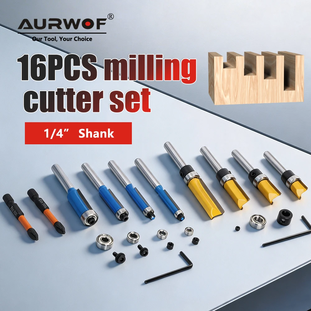 AURWOF 16-teiliges 1/4"-Holzbearbeitungs-Fräser-Set, Bündigfräser, Gerade Fräser, Schraubenschlüssel & Schraubendreher, Zubehör inklusive