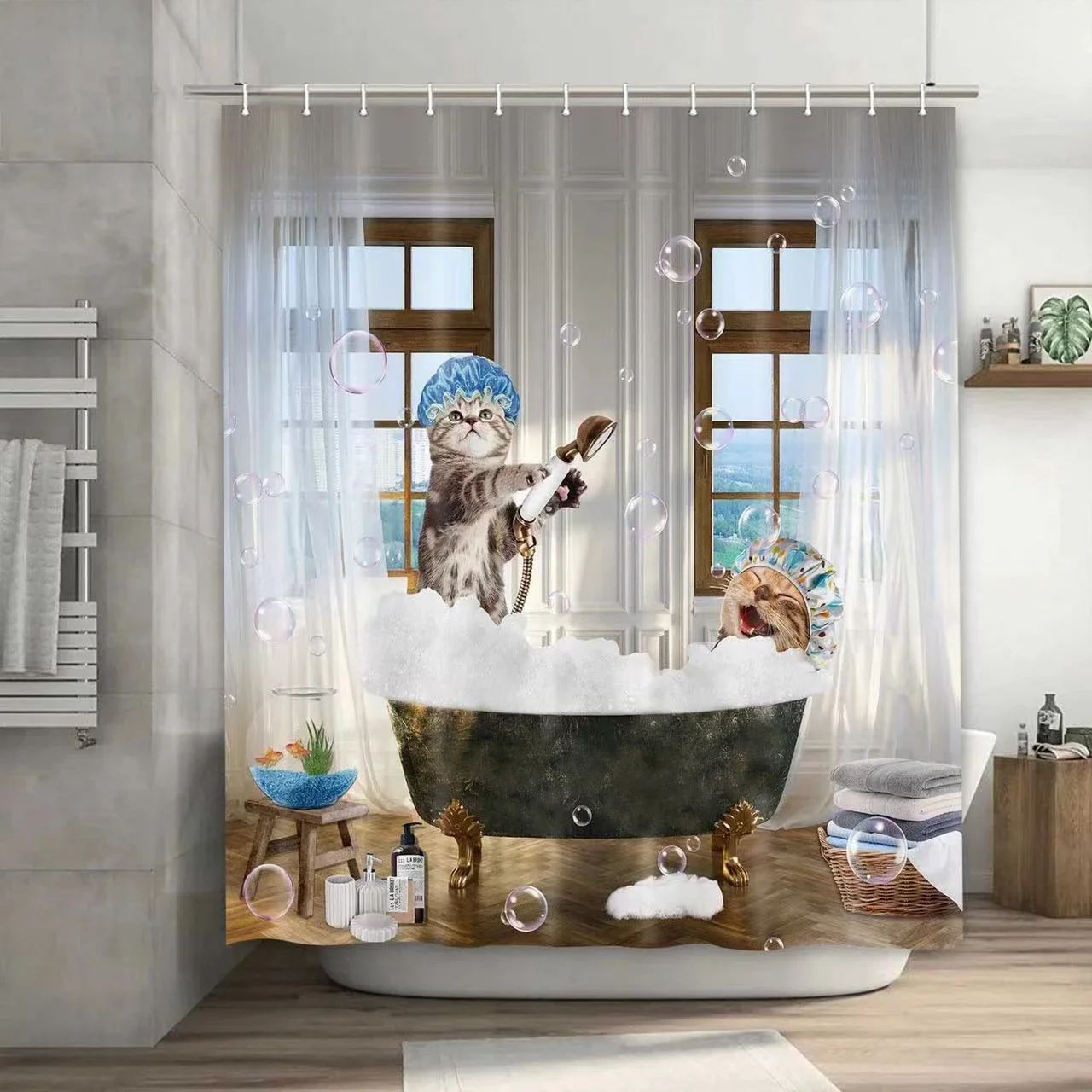 Funny Shower Curtains shower curtains Cat Riding Shark Ocean Birds Sea Waves for Kids Bathroom