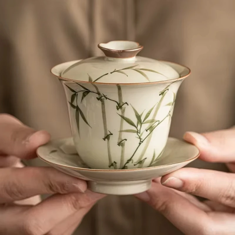 Hand Painted Green Bamboo Tea Tureen ceramic Chawan Gaiwan Supplies Puer Jingdezhen Bowl Cover Cup Chinese Porcelain Tableware
