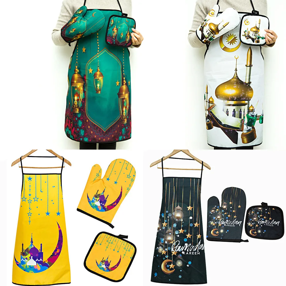 

1set Ramadan Mubarak Kitchen Apron Pot Holder Mitt Happy Eid Al-Adha Muslim Islamic Kareem Friend Family Dinner Decoration Gift