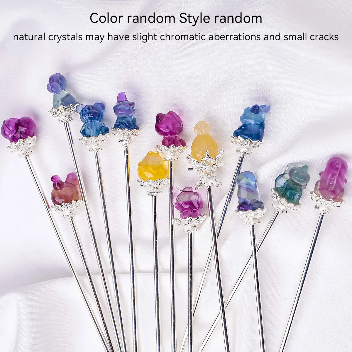 1pc Natural Gemstone Colorful Fluorite Cartoon Animal Sculptures Hairpin Crystal Barrettes Headwear Hair Accessories