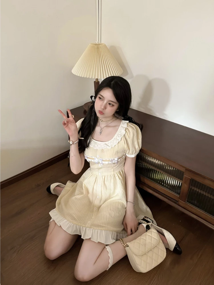 

Deeptown Cute Kawaii Fairy Mini Yellow Dress Women Japanese Y2k Ruffles Puff Sleeve Tunic School Dresses Sweet Lolita Vestidos