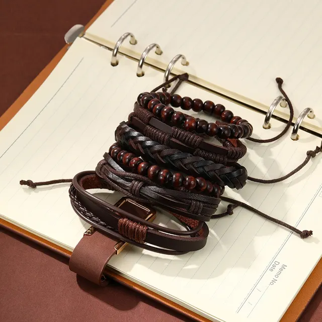 Conjunto de 6 piezas para hombre, pulsera trenzada de piel de vaca, multicapa, Estilo Vintage