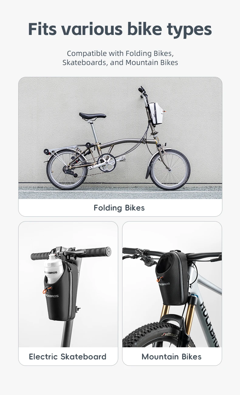 ROCKBROS Fahrrad-Fronttasche, 1,5 l, Wasserflaschentasche, zusammenklappbar, Fahrrad-Lenkertasche, MTB, Straßenreiten, verstellbar, großkalibrige Fahrradtasche – Detail 9