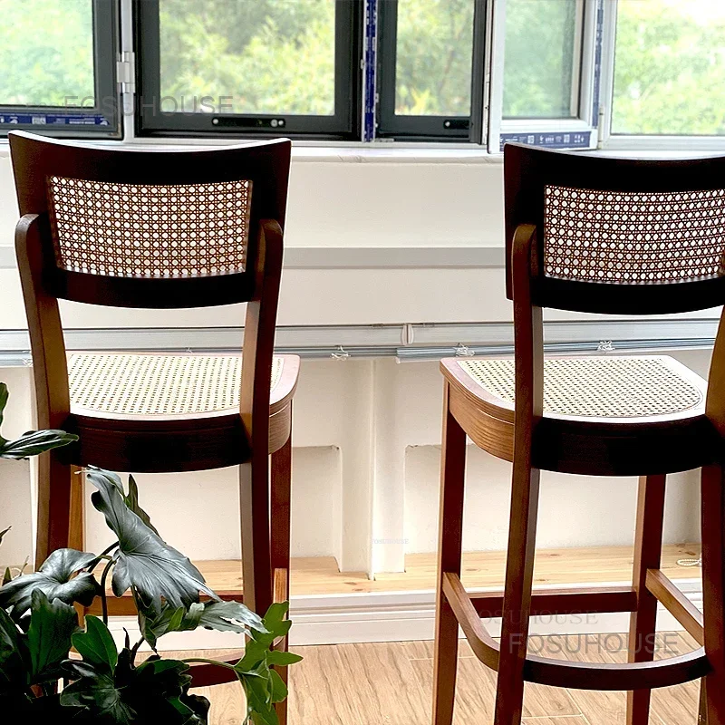 American Solid Wood Bar Chairs Household High Stool Luxury Bar Chair Kitchen Furniture Creative Rattan Back Stools s